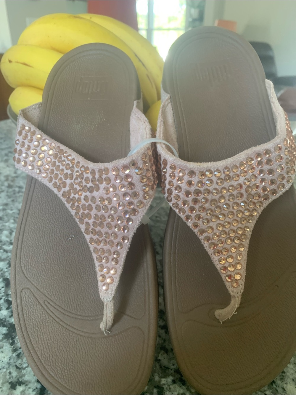 Lulu Maxi-Crystal Embellished T-Strap Flip Flop Sandals in rose gold size 9